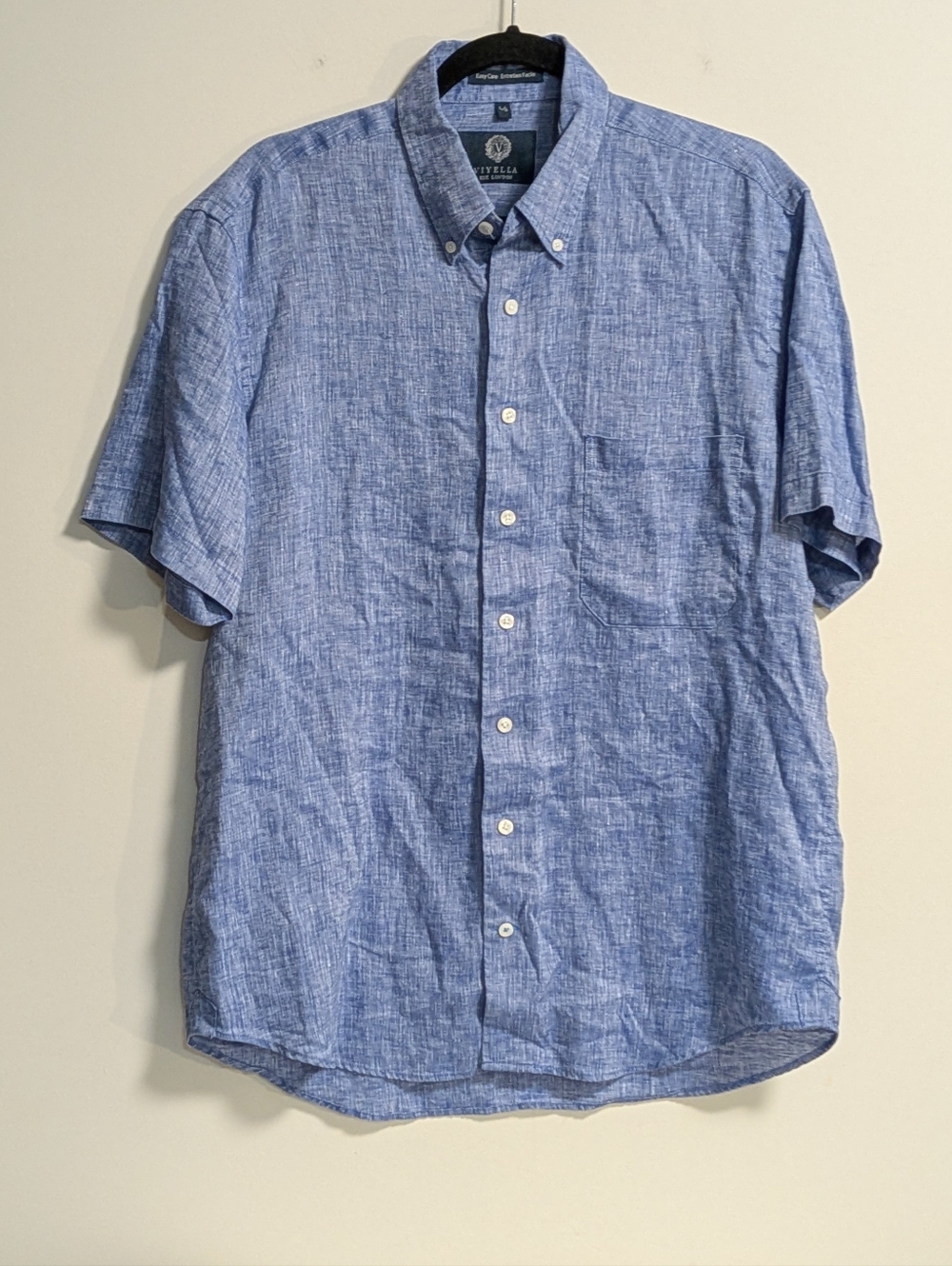 Viyella  Short Sleeve 100% Linen  Button Shirt. Blue. Shiny Linen. Size Large.
